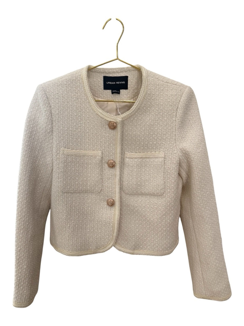 Urban Revivo Cream Cropped Tweed Jacket